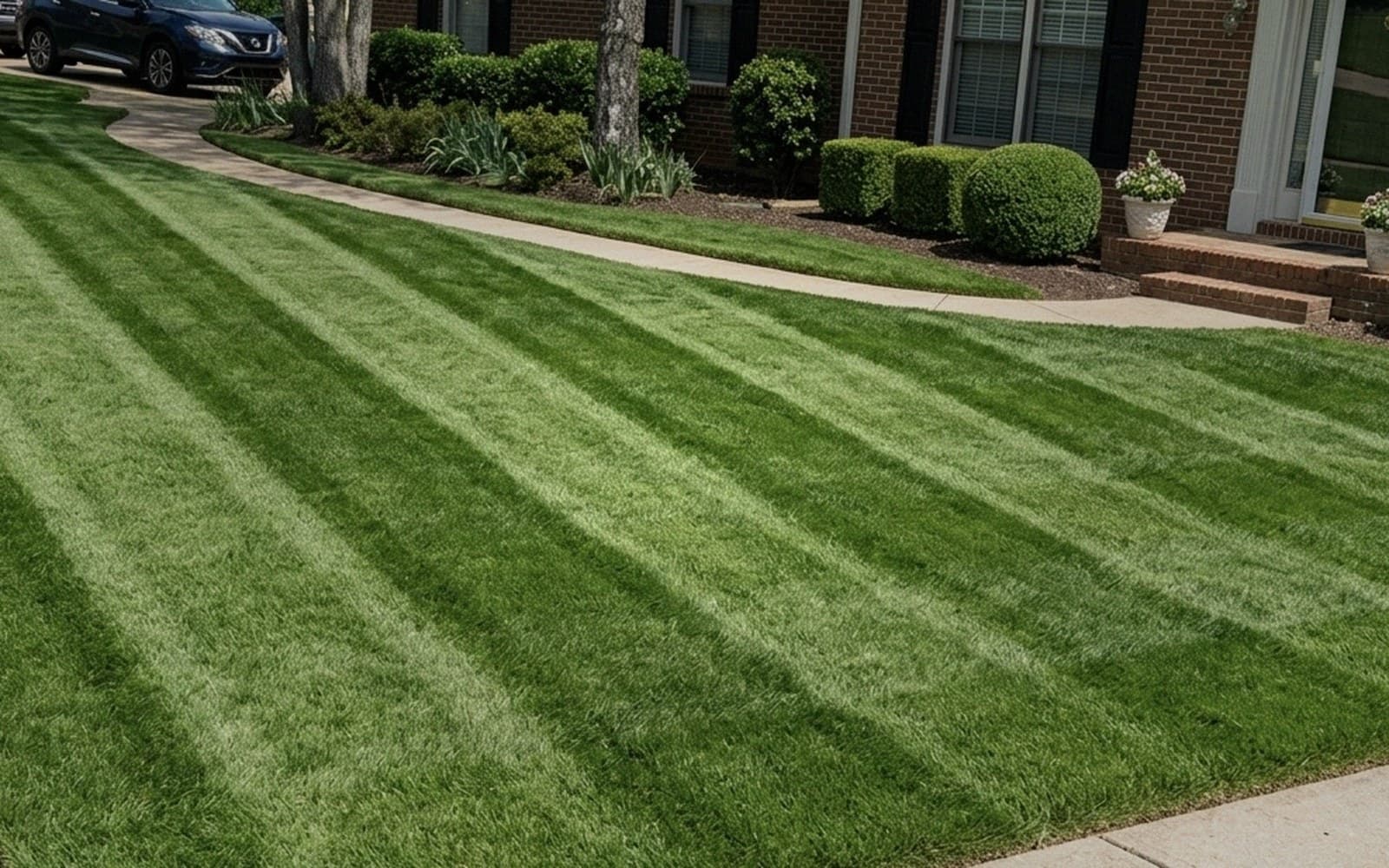 Front yard brick home with crisp mowing stripes in Fairview TN