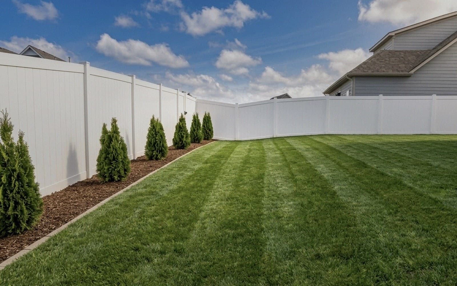 Backyard with white vinyl fence and clean stripe pattern in Fairview TN